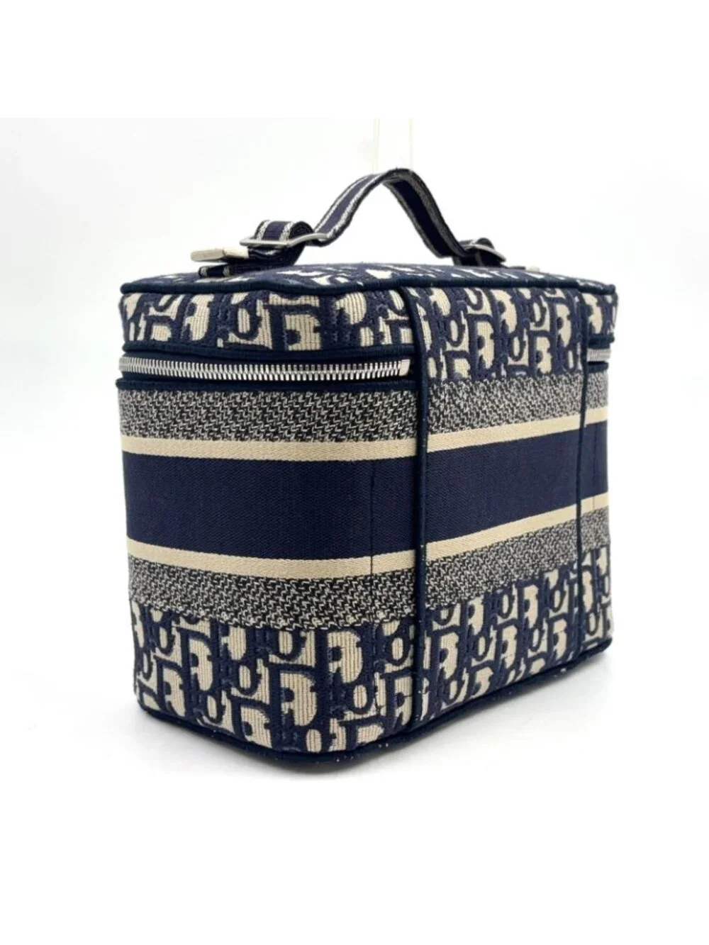 Dior Travel Vanity Cotton Off White Navy Handbag Silver